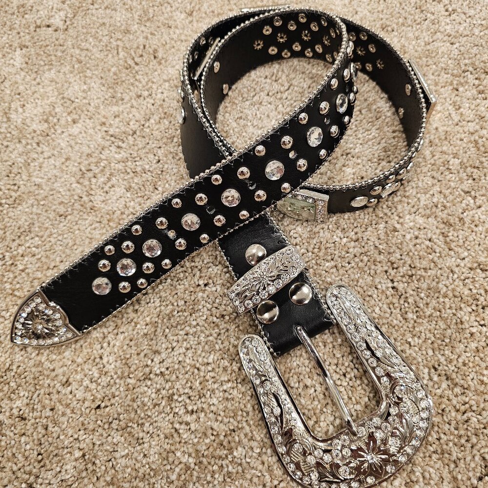 FULL OF BLING! Black Genuine Leather Belt - Medium, Like New
